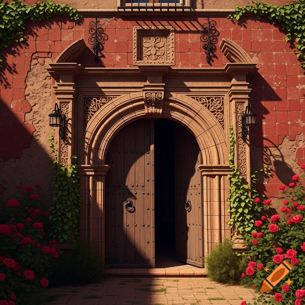 An ornate, arched wooden door set in a red-brick facade, surrounded by green ivy and vibrant red roses under dappled sunlight.