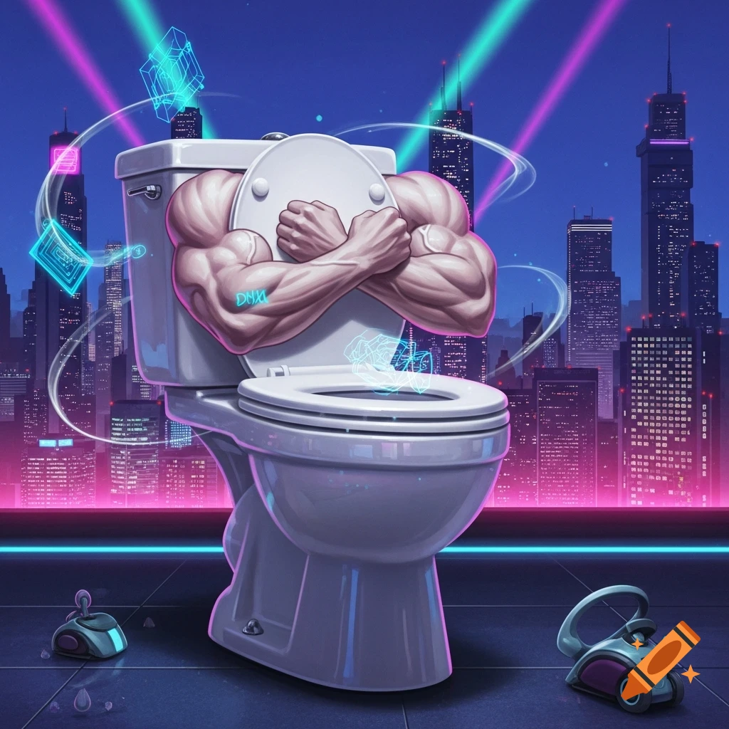 A muscular toilet with crossed arms stands heroically in a neon cyberpunk city, with glowing futuristic elements and small robots.