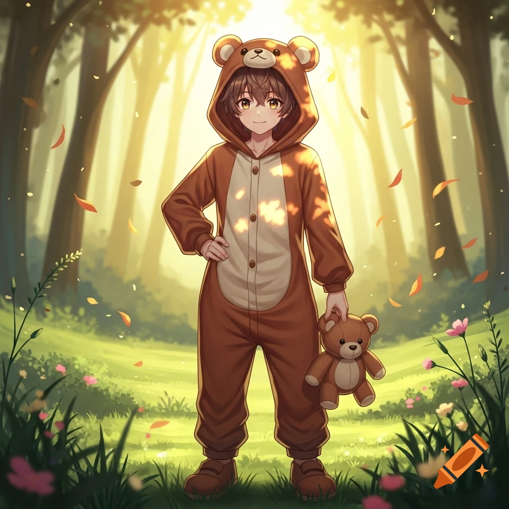 An anime boy in a brown bear onesie stands in a sunlit forest, holding a teddy bear, with autumn leaves falling around him.