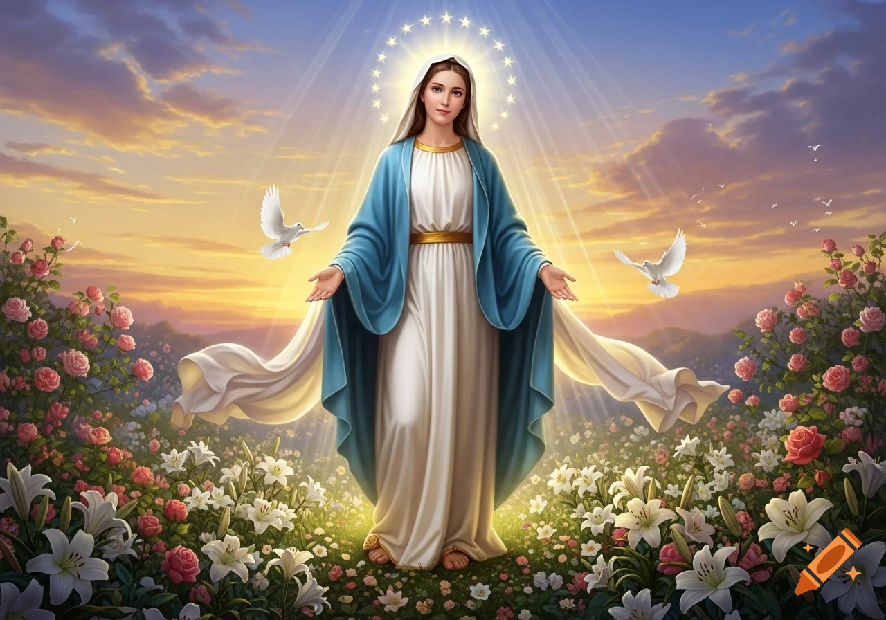 Digital painting of Virgin Mary with outstretched hands, surrounded by flowers, doves, a star halo, and radiant light against a sunset sky.