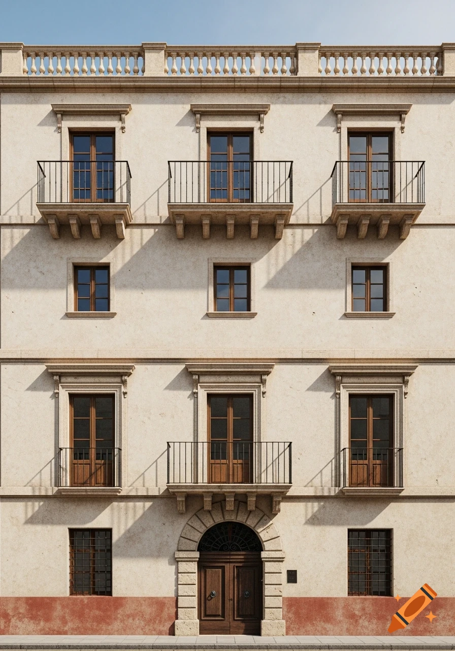 Front facade of an old Mediterranean-style building with light stucco, wooden windows, balconies, and a dark wooden entrance.