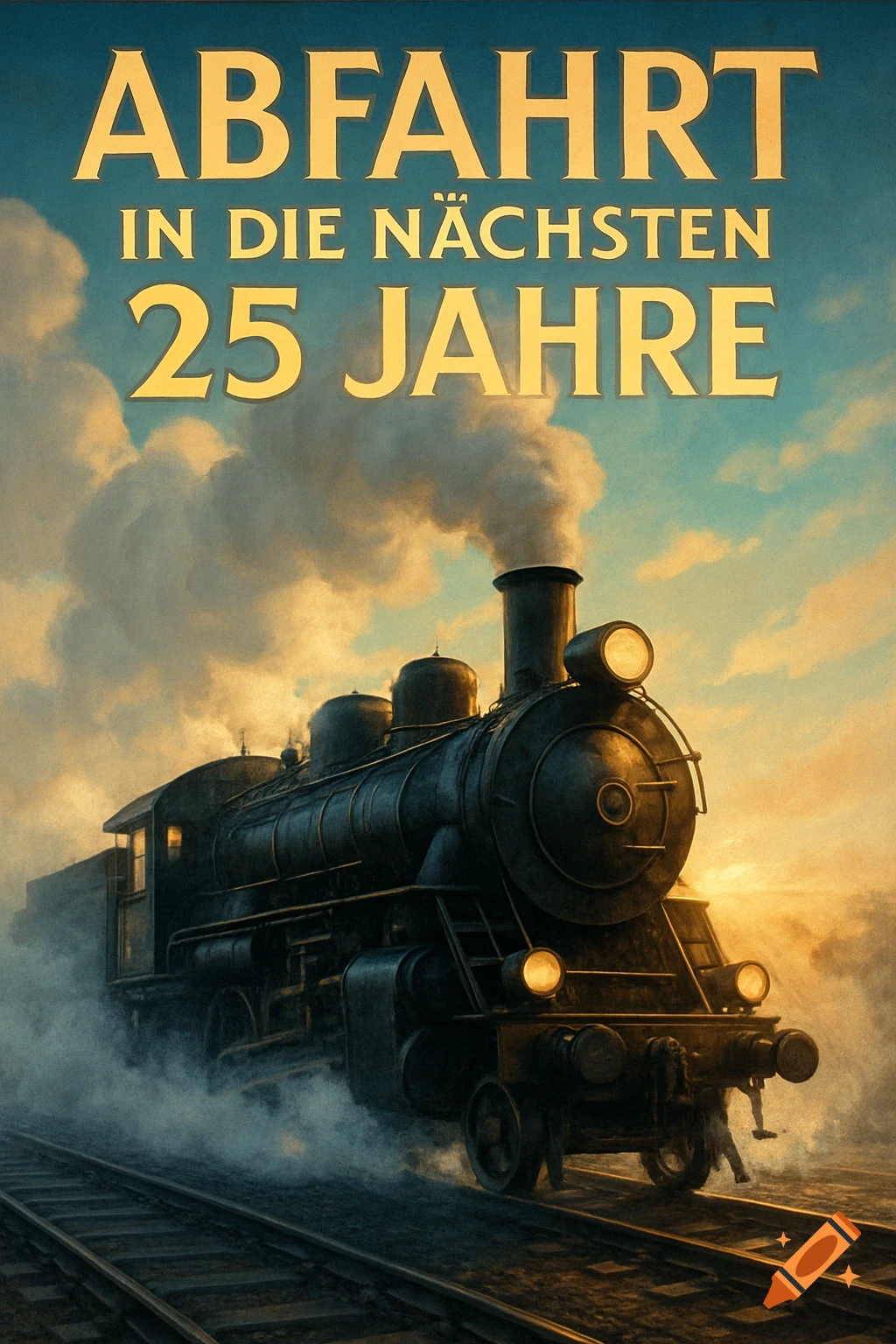 A steam locomotive moves on tracks, emitting smoke under a dramatic sky with golden text 'ABFAHRT IN DIE NÄCHSTEN 25 JAHRE' at the top.