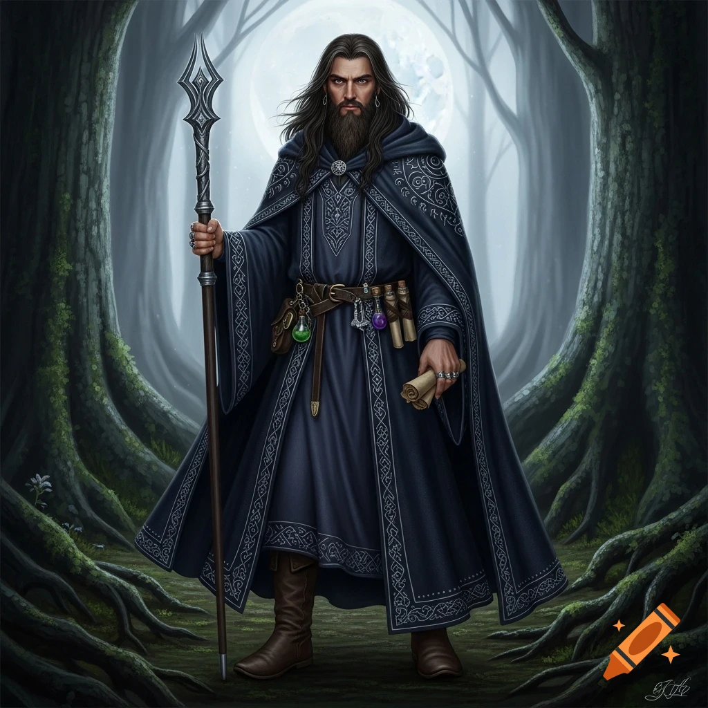A dark-haired wizard with a long beard, wearing a dark blue cloak with silver embroidery, holding a staff and a scroll, standing in a misty forest under a full moon. Fantasy art.