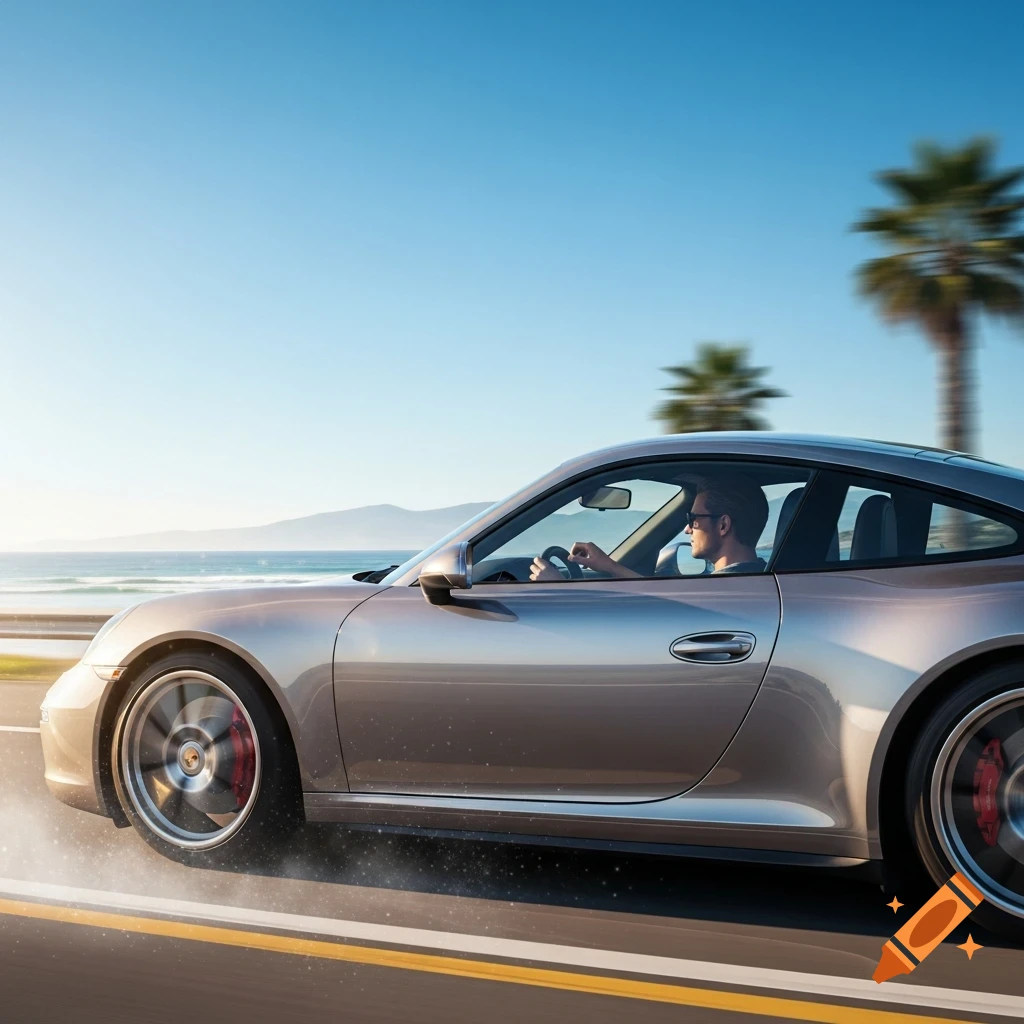 A silver Porsche sports car, driven by a man, speeds along a coastal road with ocean and palm trees under a blue sky.