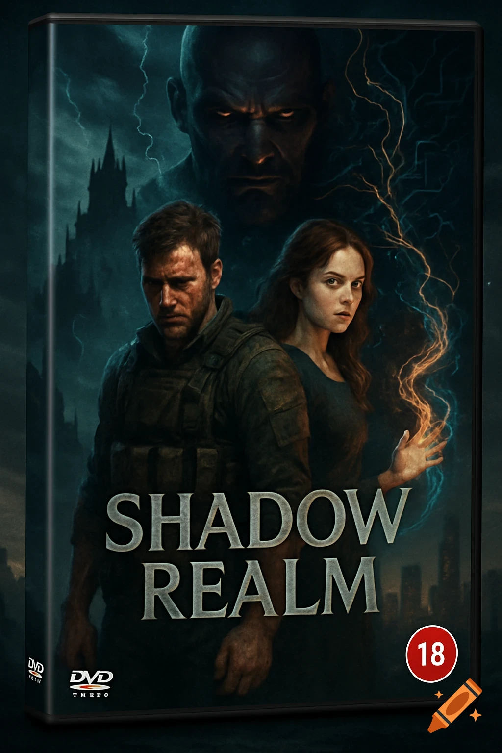 DVD cover for 'Shadow Realm' featuring a man, a woman with glowing hand, and a menacing bald man against a stormy, dark fantasy castle backdrop.