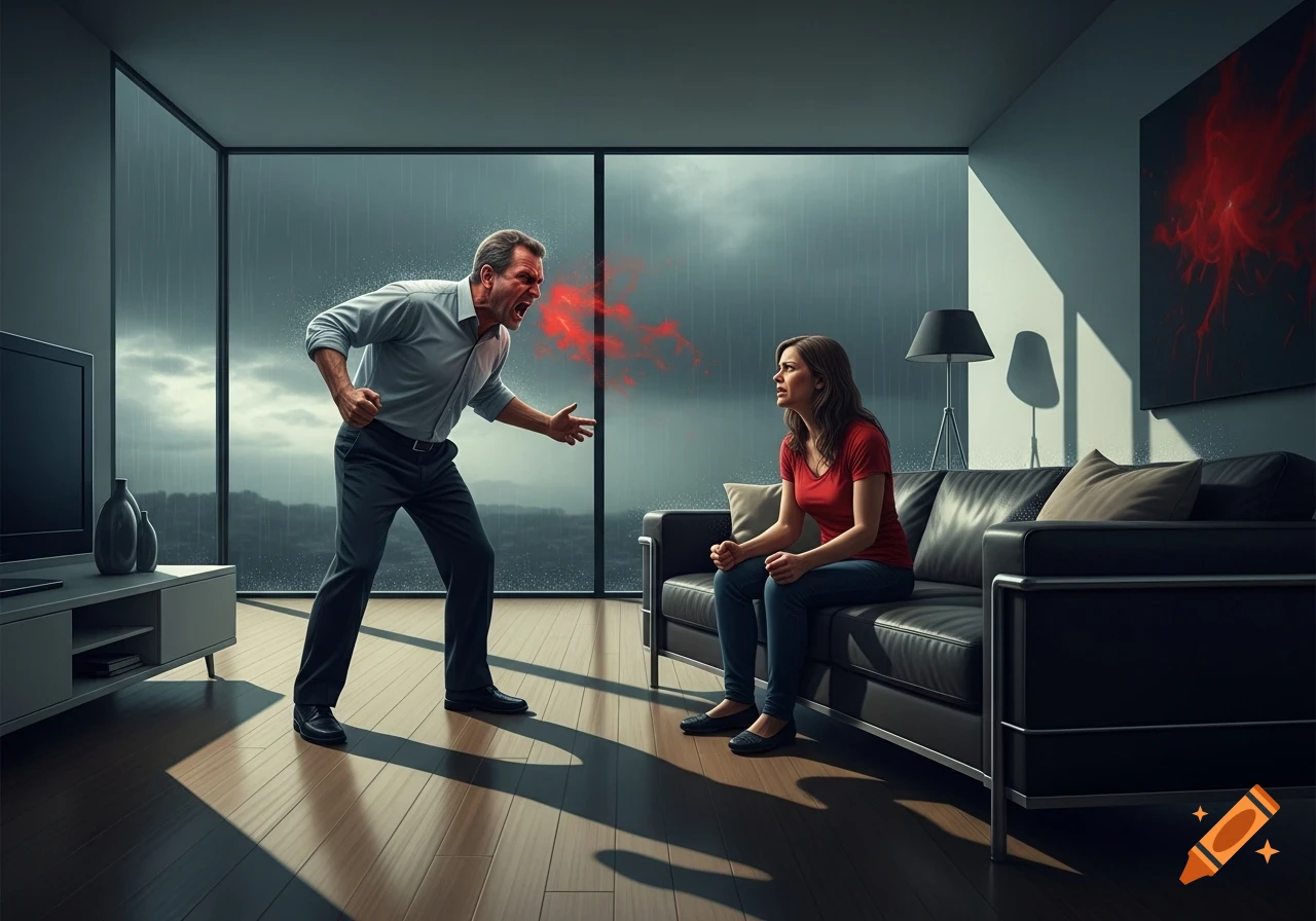 A man screams with red energy from his mouth at a distressed woman on a couch in a modern room with a stormy view, photorealistic.