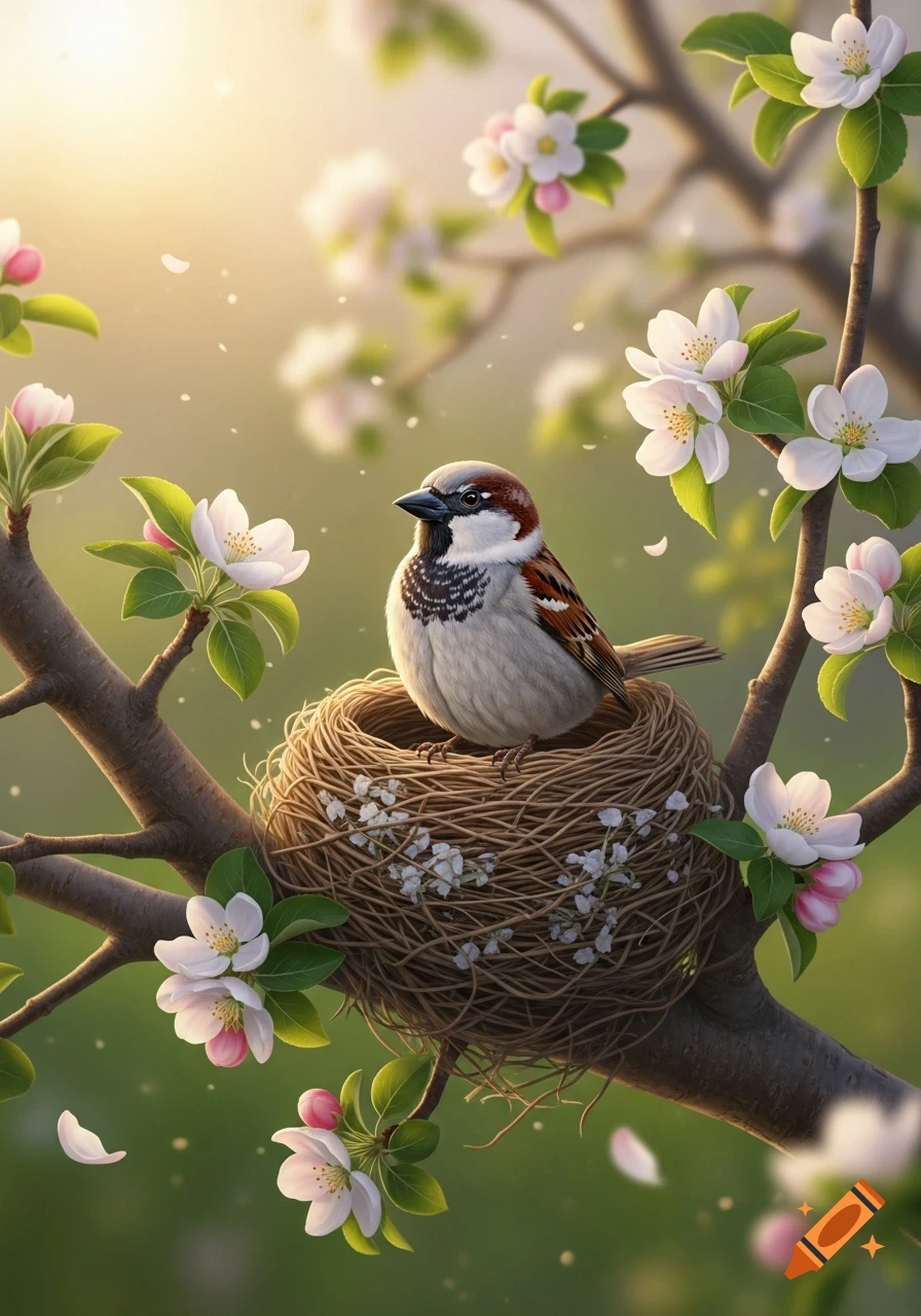 A house sparrow sits in a woven nest on a tree branch, surrounded by delicate white and pink apple blossoms in soft sunlight.