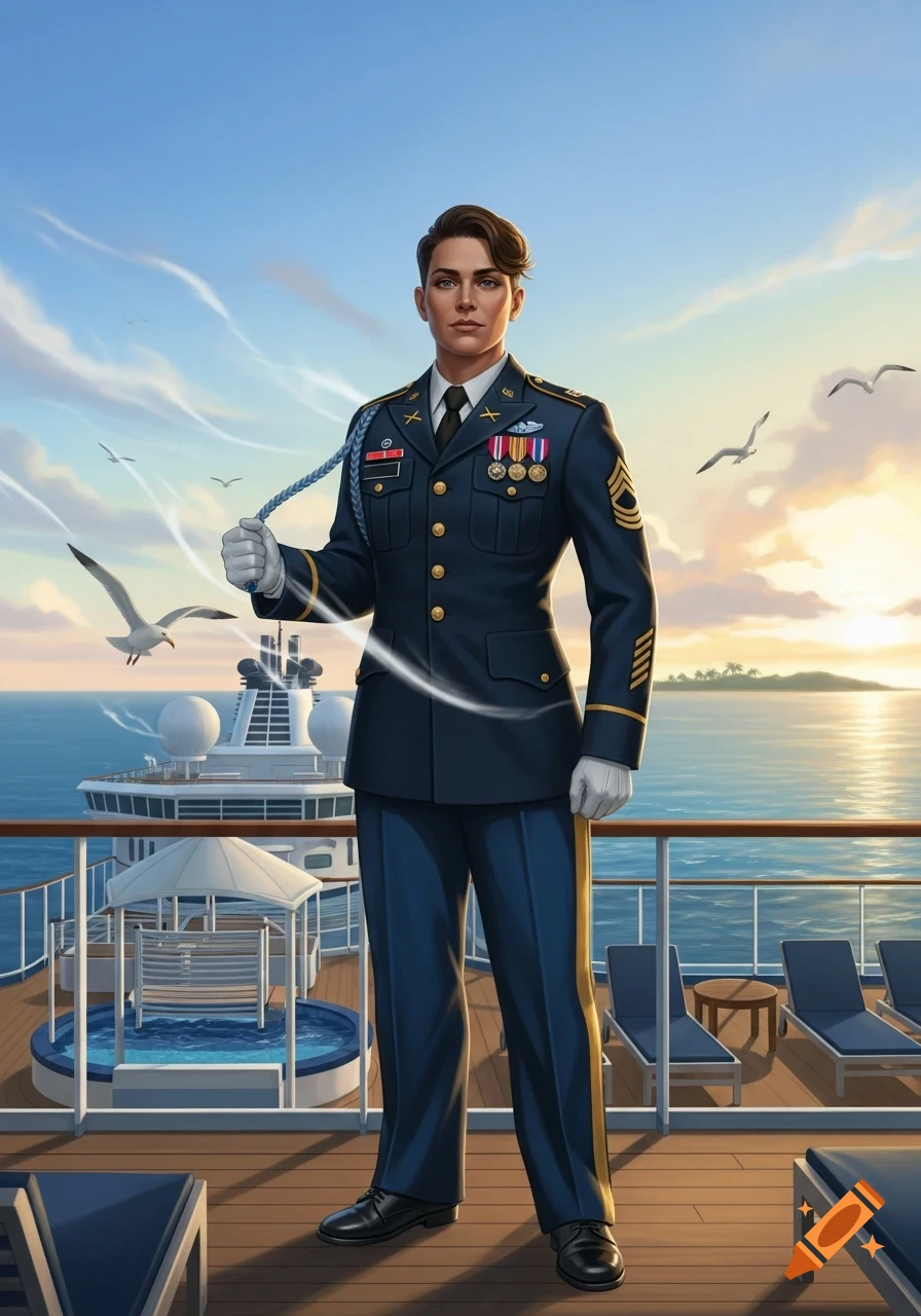 A person in a blue military uniform with medals stands on the deck of a cruise ship overlooking the ocean.