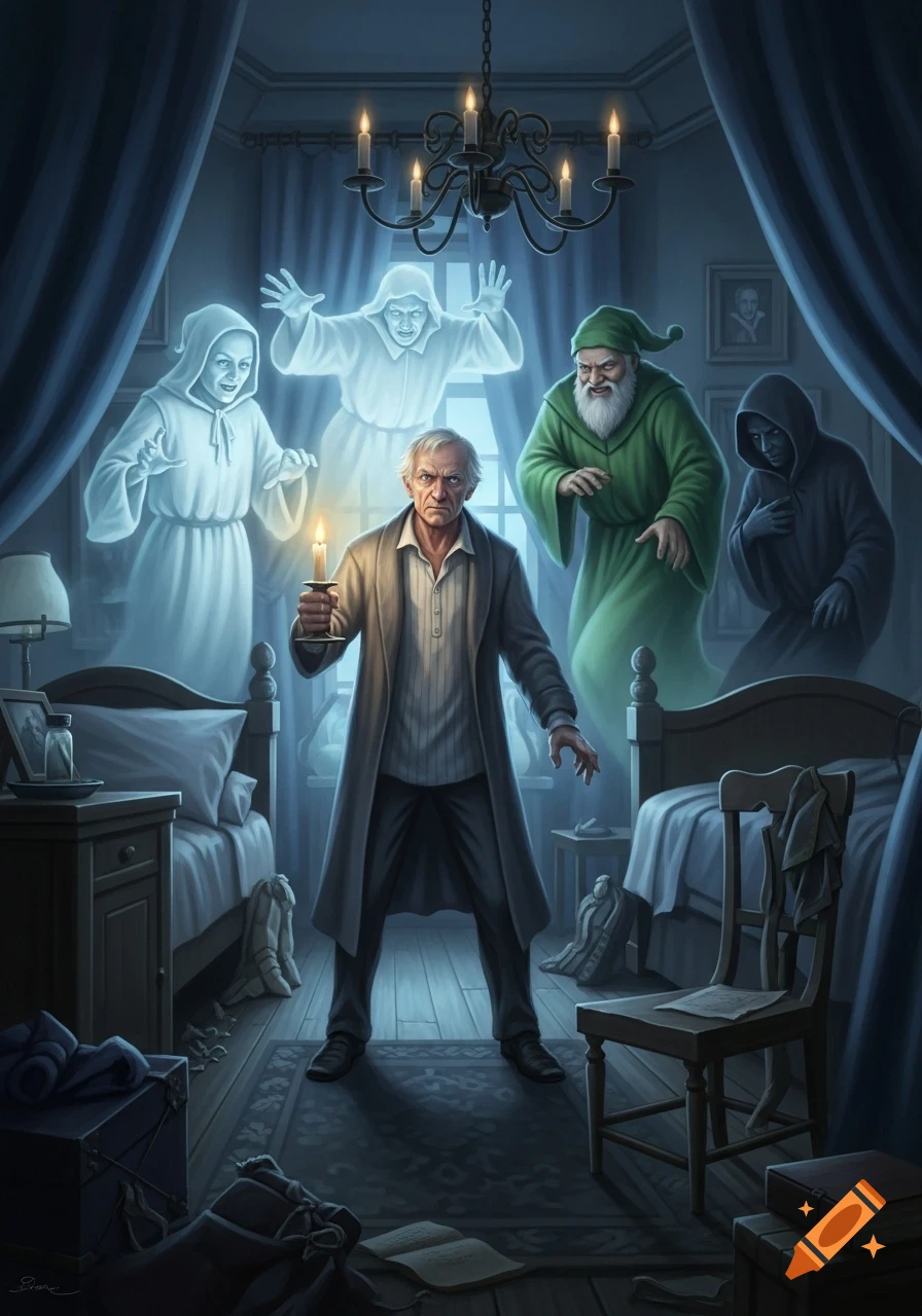 Ebenezer Scrooge holding a candle, confronting four ominous ghosts in his dark bedroom, depicted in a detailed illustration.