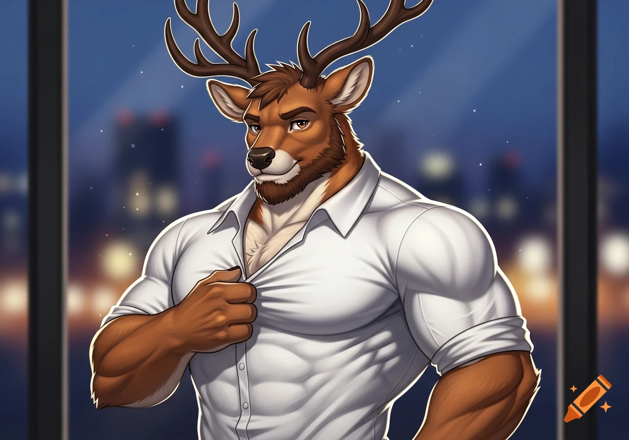 A muscular anthropomorphic deer in a white shirt, showing chest fur, stands by a window with a city night view in anime style.