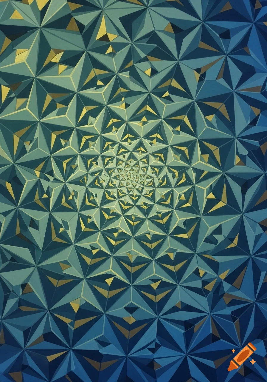 A repeating geometric pattern of blue, teal, and gold star-like shapes, creating a receding tunnel effect.