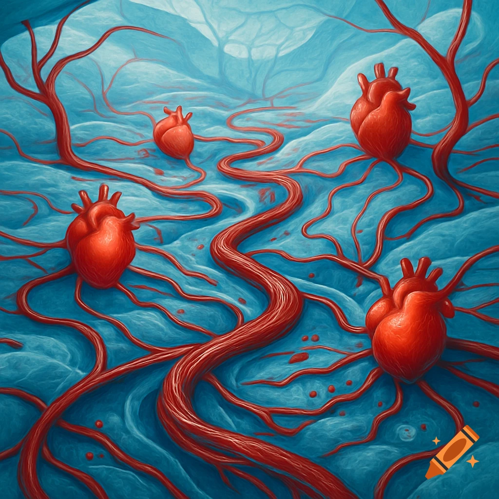 Stylized illustration of four red human hearts connected by blood vessels on a blue, textured background.