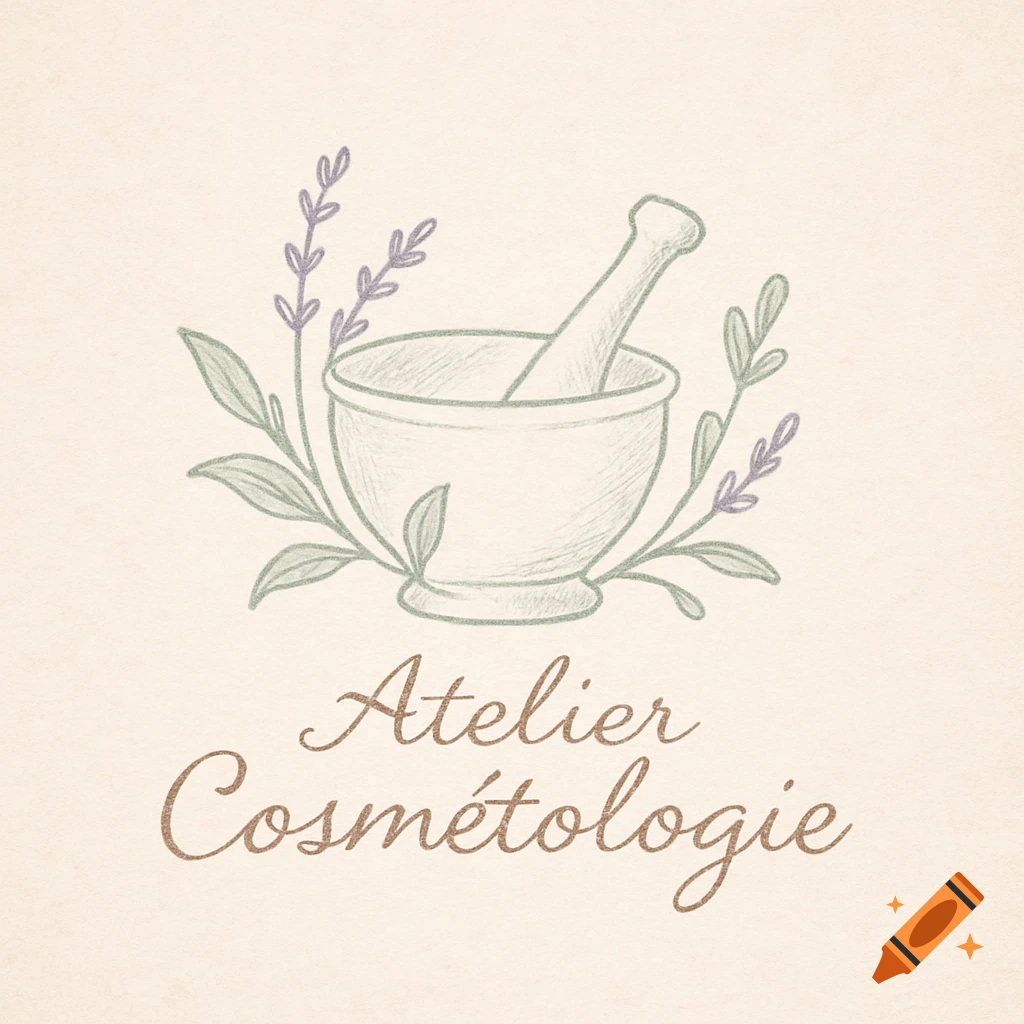 Sketch-style logo featuring a mortar and pestle with lavender and leaves, and the text 'Atelier Cosmétologie'.