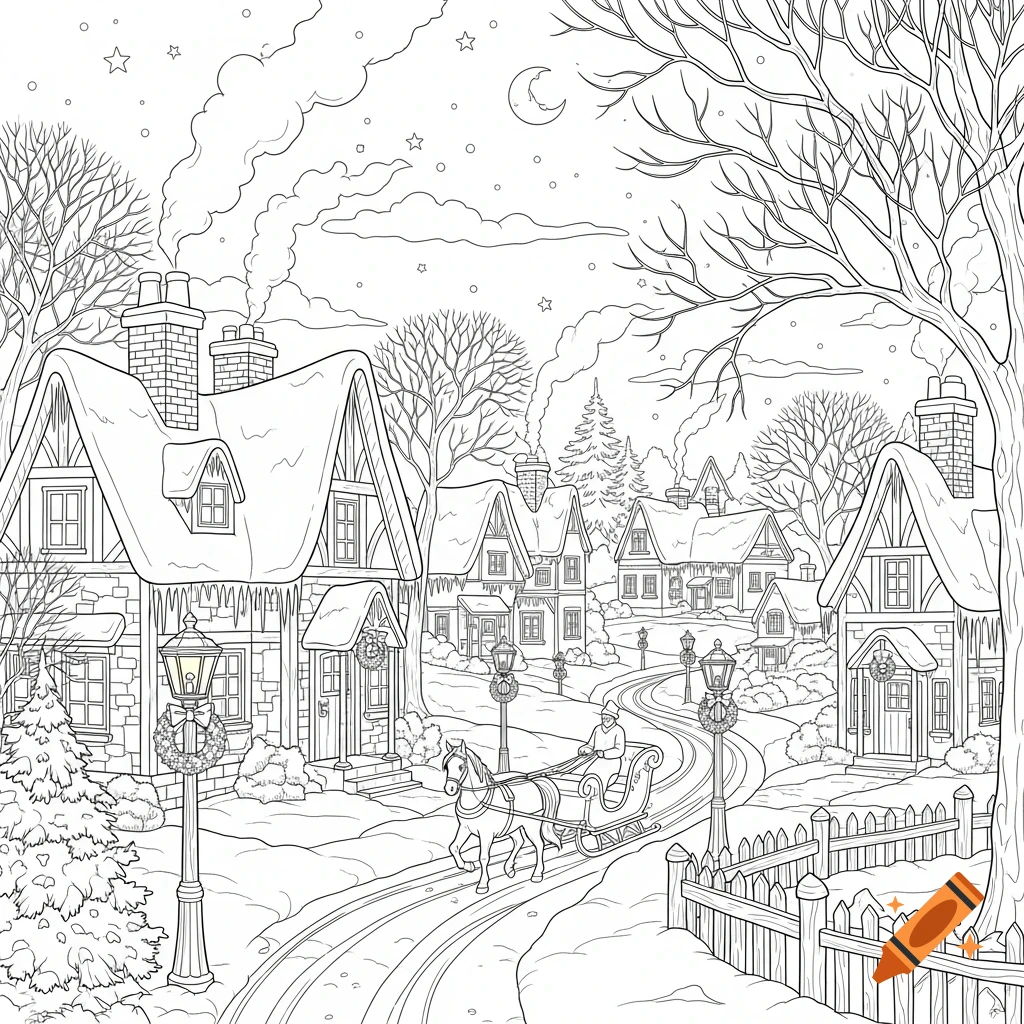 A detailed line art illustration of a snowy winter village scene, featuring houses with smoking chimneys, trees, street lamps, and a person in a horse-drawn sleigh on a winding road.