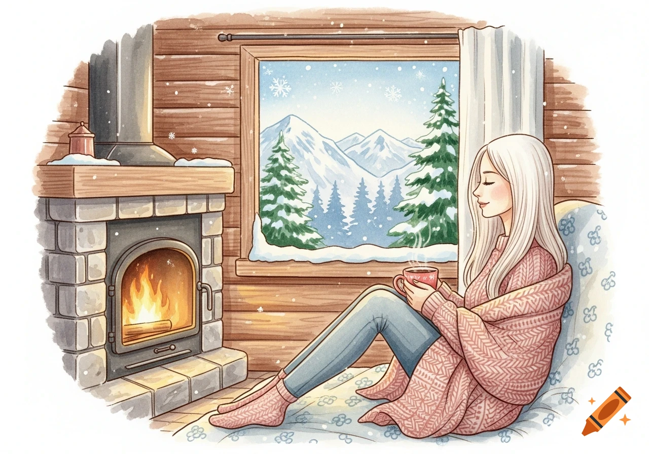 A watercolor illustration of a woman relaxing by a fireplace in a snowy mountain cabin, holding a cup of tea.