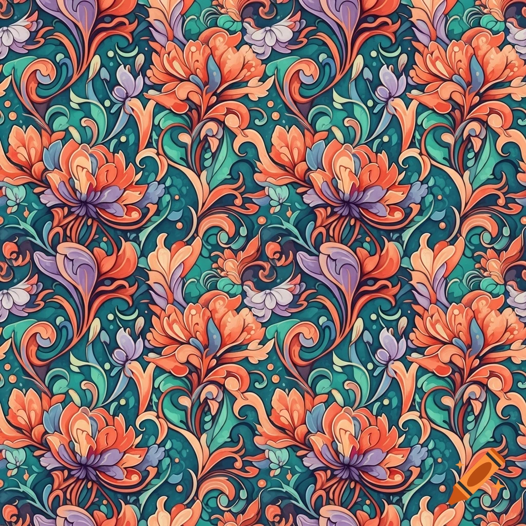 A seamless repeating pattern of vibrant coral, teal, and lavender surreal floral and botanical forms with organic flowing lines on a dark teal background.