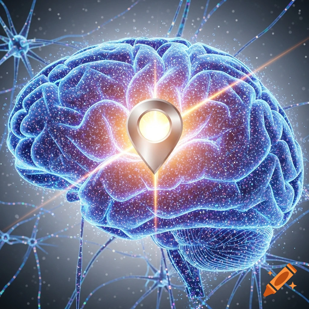 A glowing blue human brain with intricate neural connections and a metallic location pin emitting light from its center.