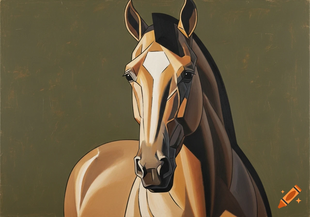 A cubist oil painting depicts a horse's head and upper body with geometric planes against an olive green background.