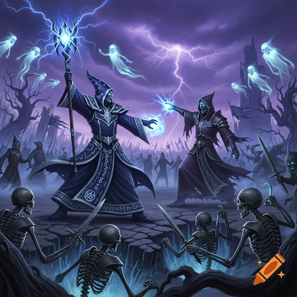 Two robed spellcasters battle amidst skeletons, ghosts, and an army under a lightning-filled purple sky in a dark fantasy style.