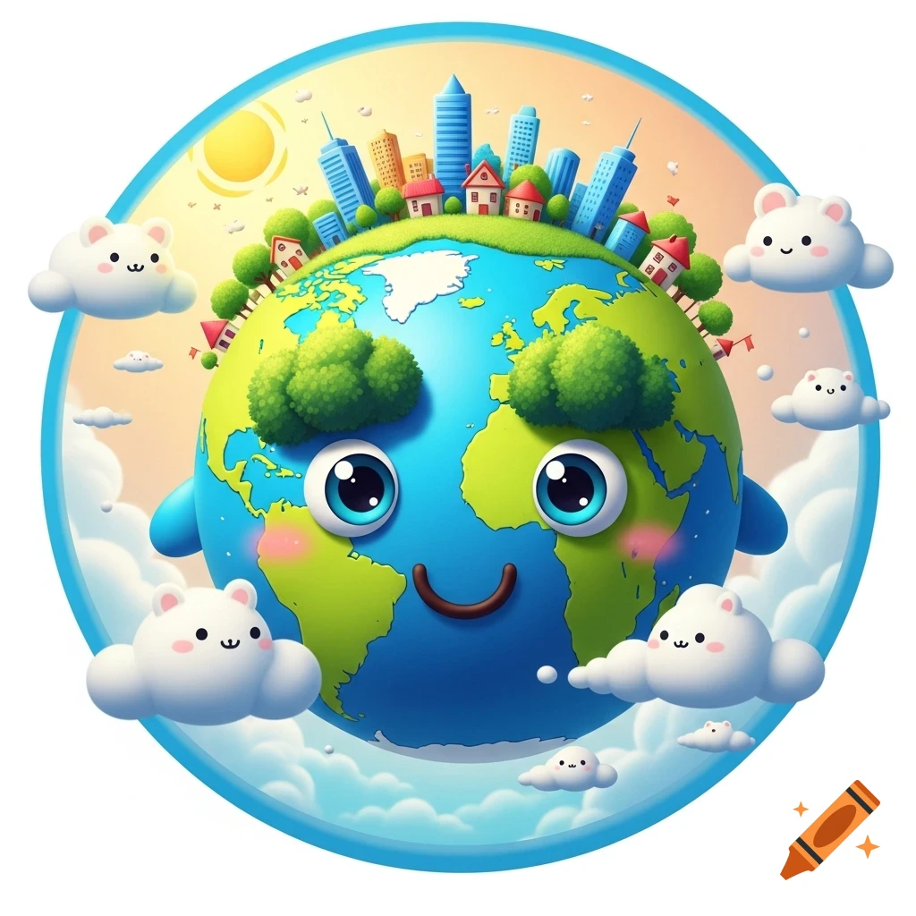 A cute, smiling cartoon Earth with buildings and trees on its surface, surrounded by cheerful cloud characters, framed in a circle.