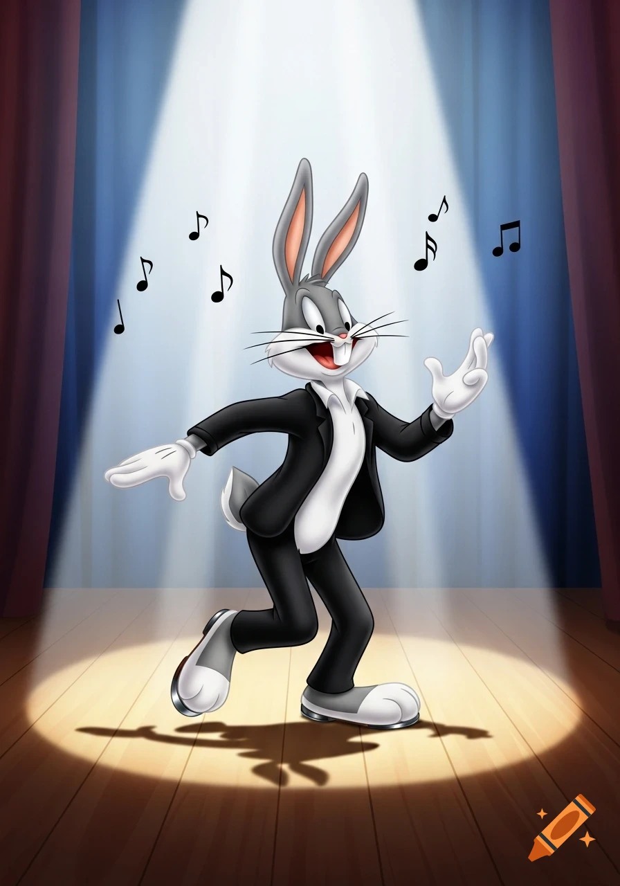 Bugs Bunny tap dancing in a tuxedo on a spotlighted stage with musical notes, cartoon style.