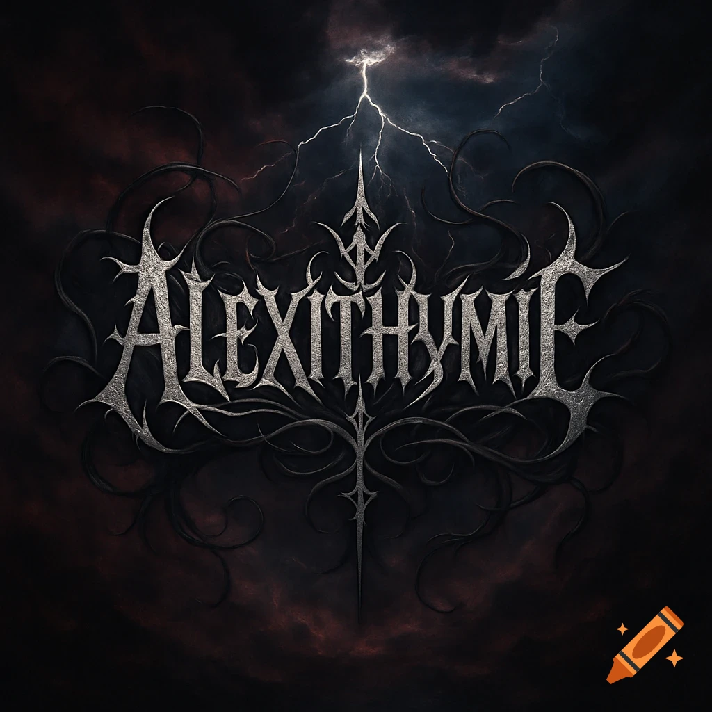 Metallic, gothic band logo 'ALEXITHYMIE' with intricate swirling tendrils, set against a dark, stormy sky with a bright lightning bolt.