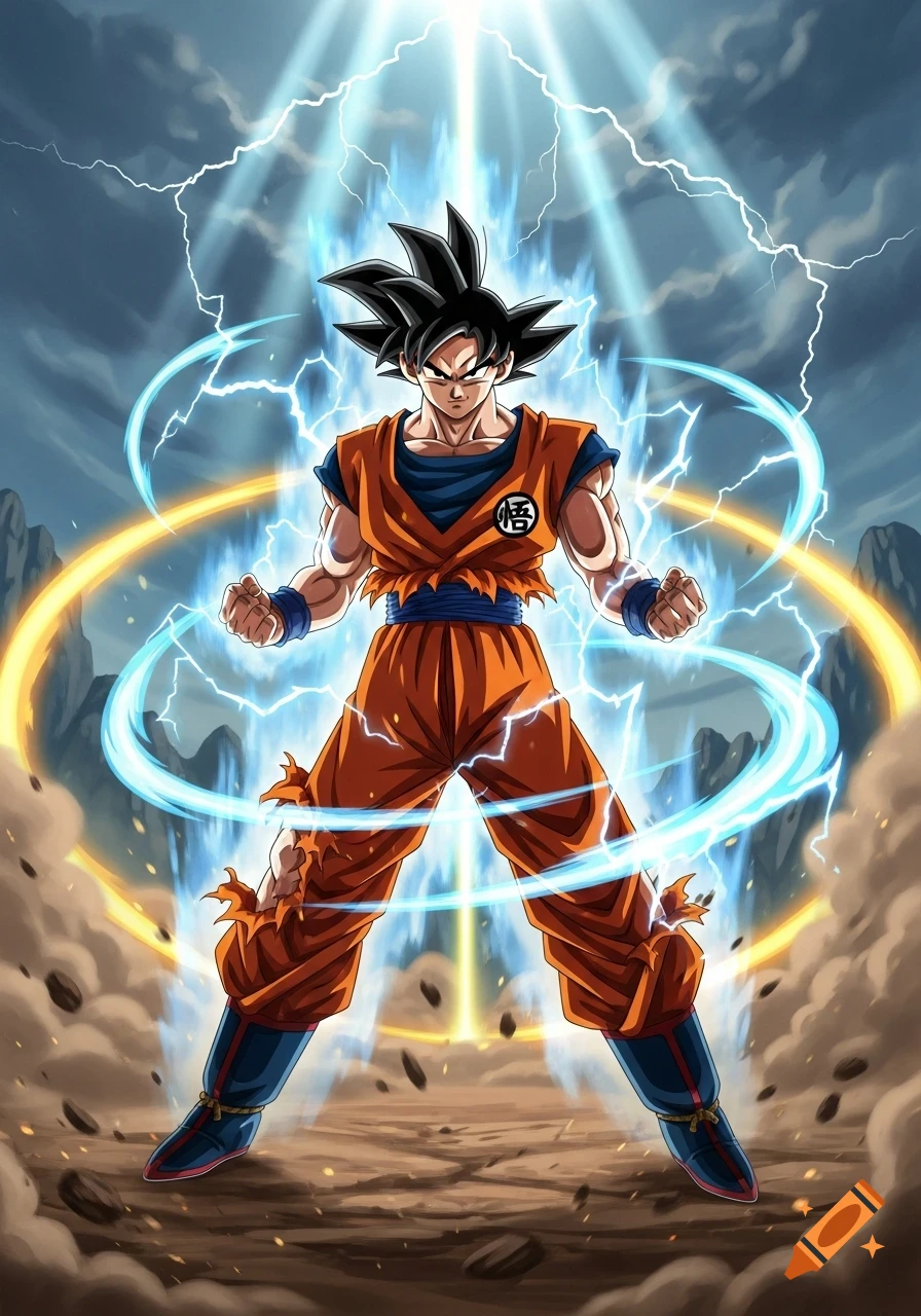 Goku powering up with blue lightning and energy in a dynamic anime style