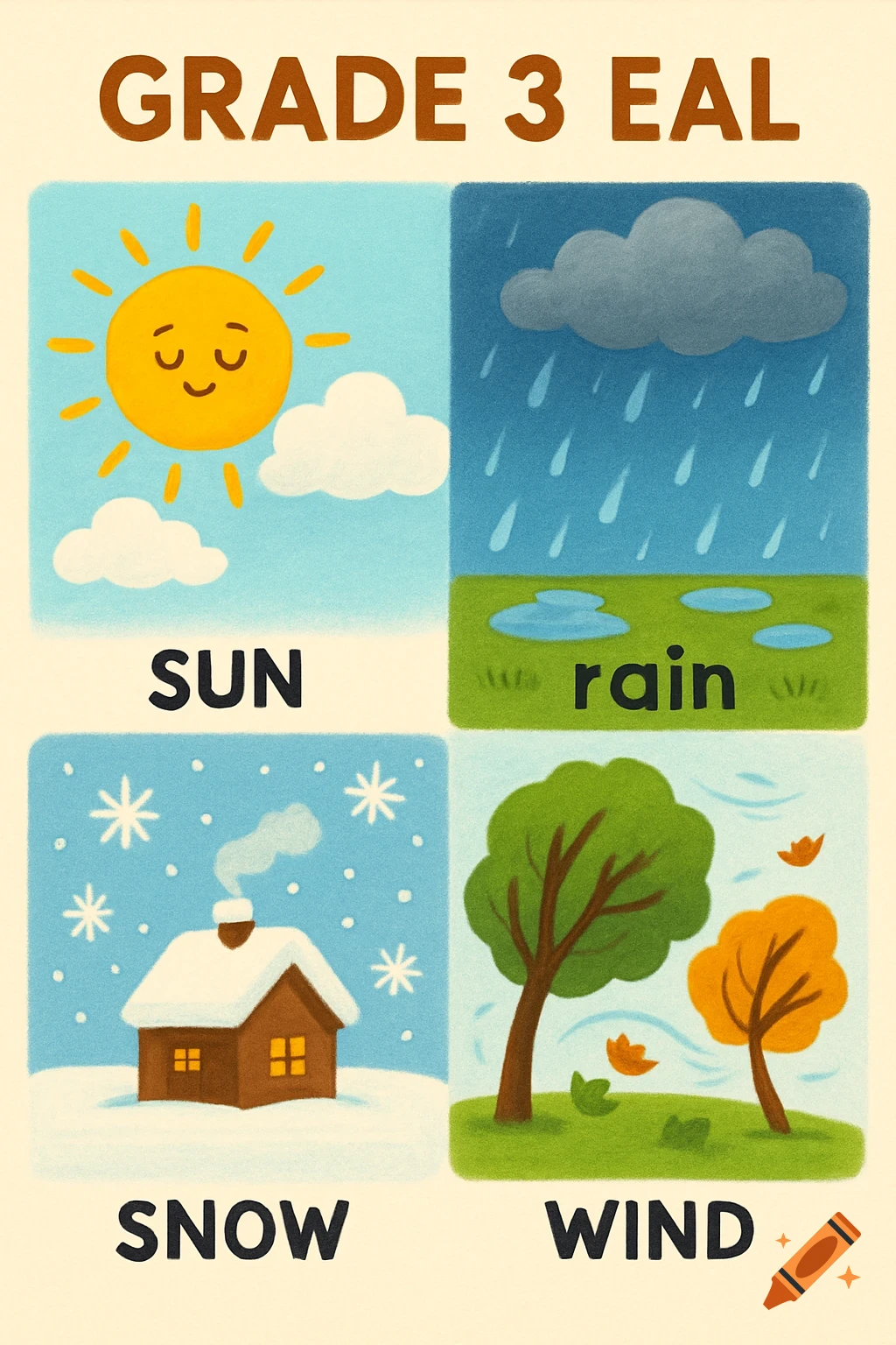 A four-panel illustration for a Grade 3 EAL class, showing sun, rain, snow, and wind with corresponding labels.