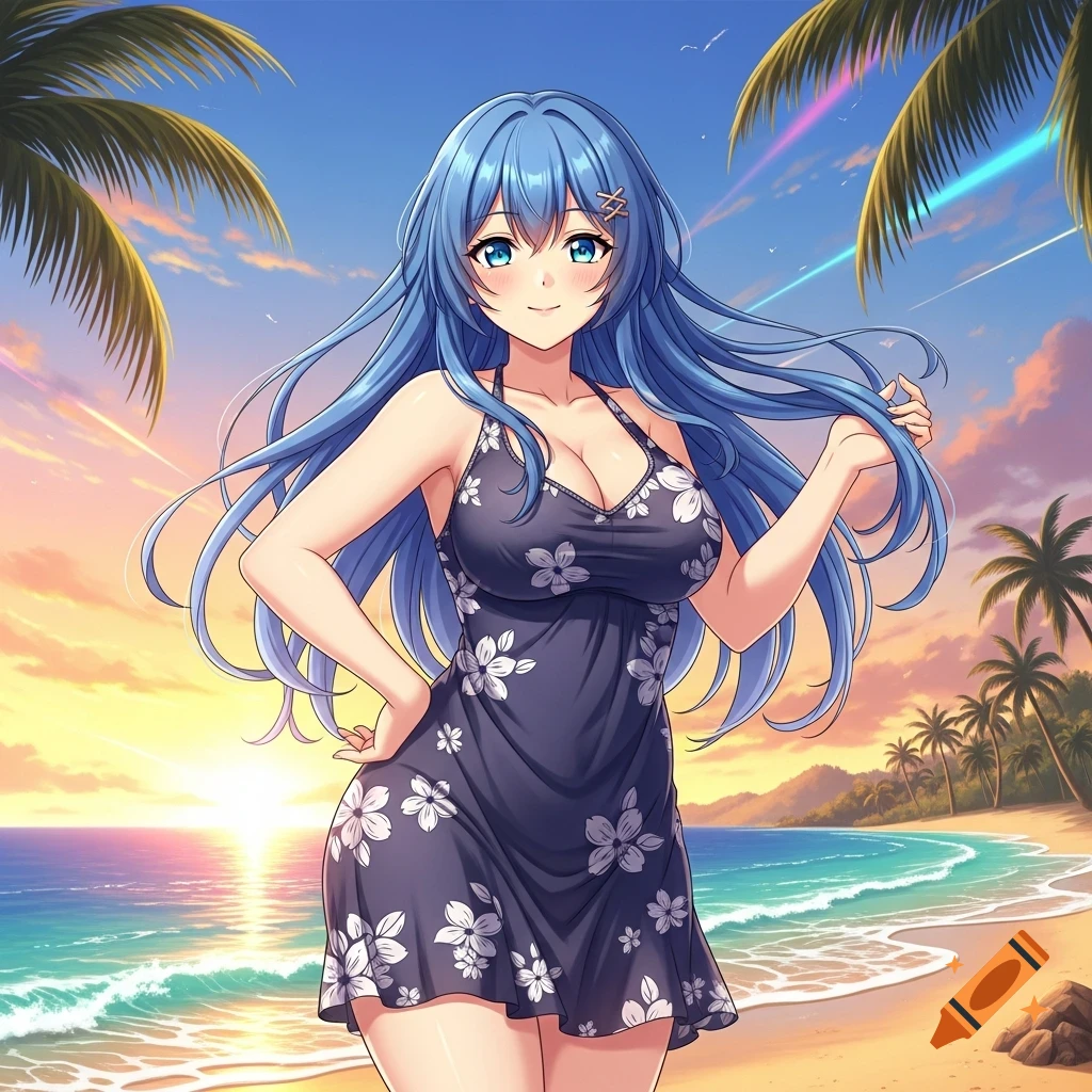 Anime girl with blue hair in a floral sundress on a beach at sunset.