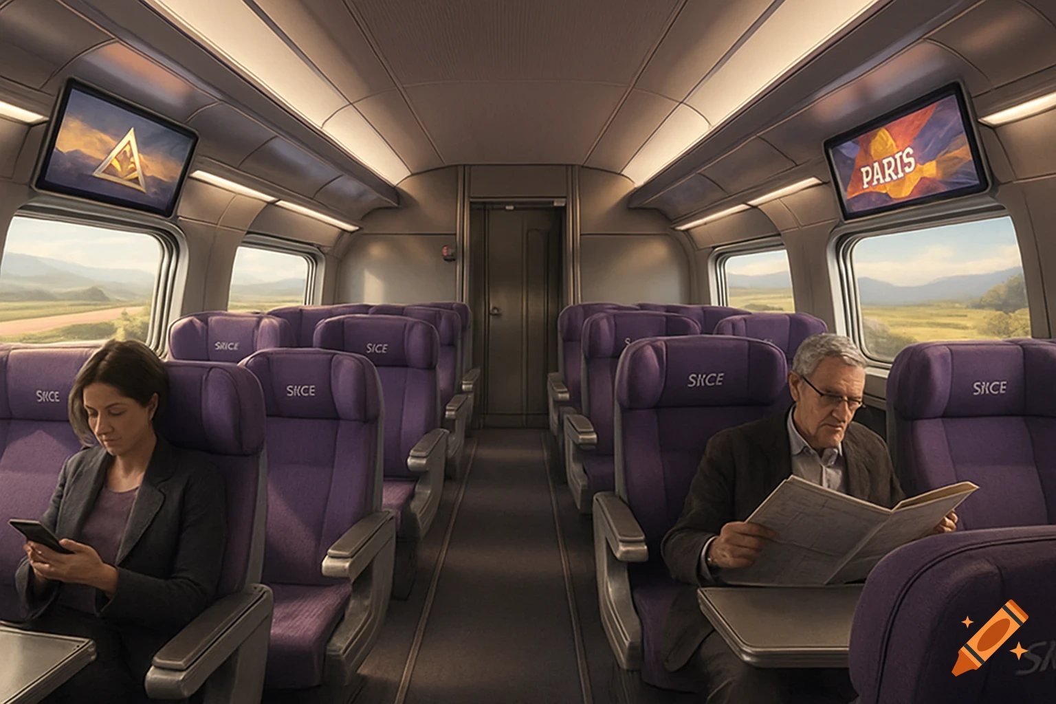 Interior of a modern train with purple seats. A woman looks at her phone, and a man reads a newspaper. Screens display "PARIS" and a golden emblem.