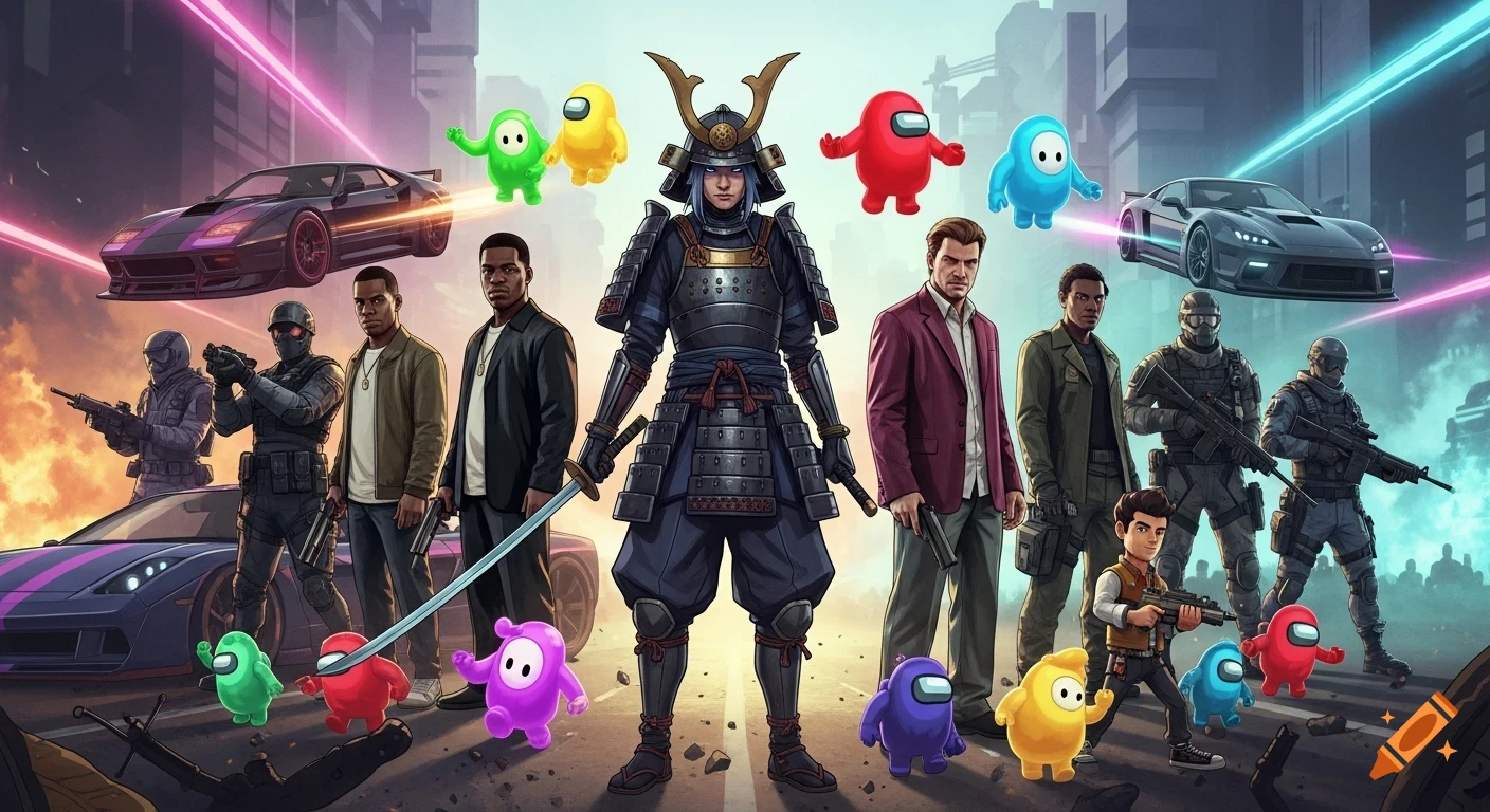 A vibrant digital art crossover of video game characters including a samurai, GTA V protagonists, tactical operators, Fall Guys beans, and Among Us crewmates, with sports cars in a futuristic city setting.
