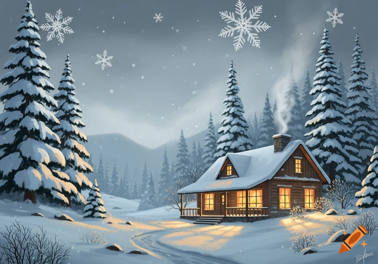 A cozy wooden cabin with warm glowing windows sits in a snowy forest landscape under falling snowflakes, digital art.