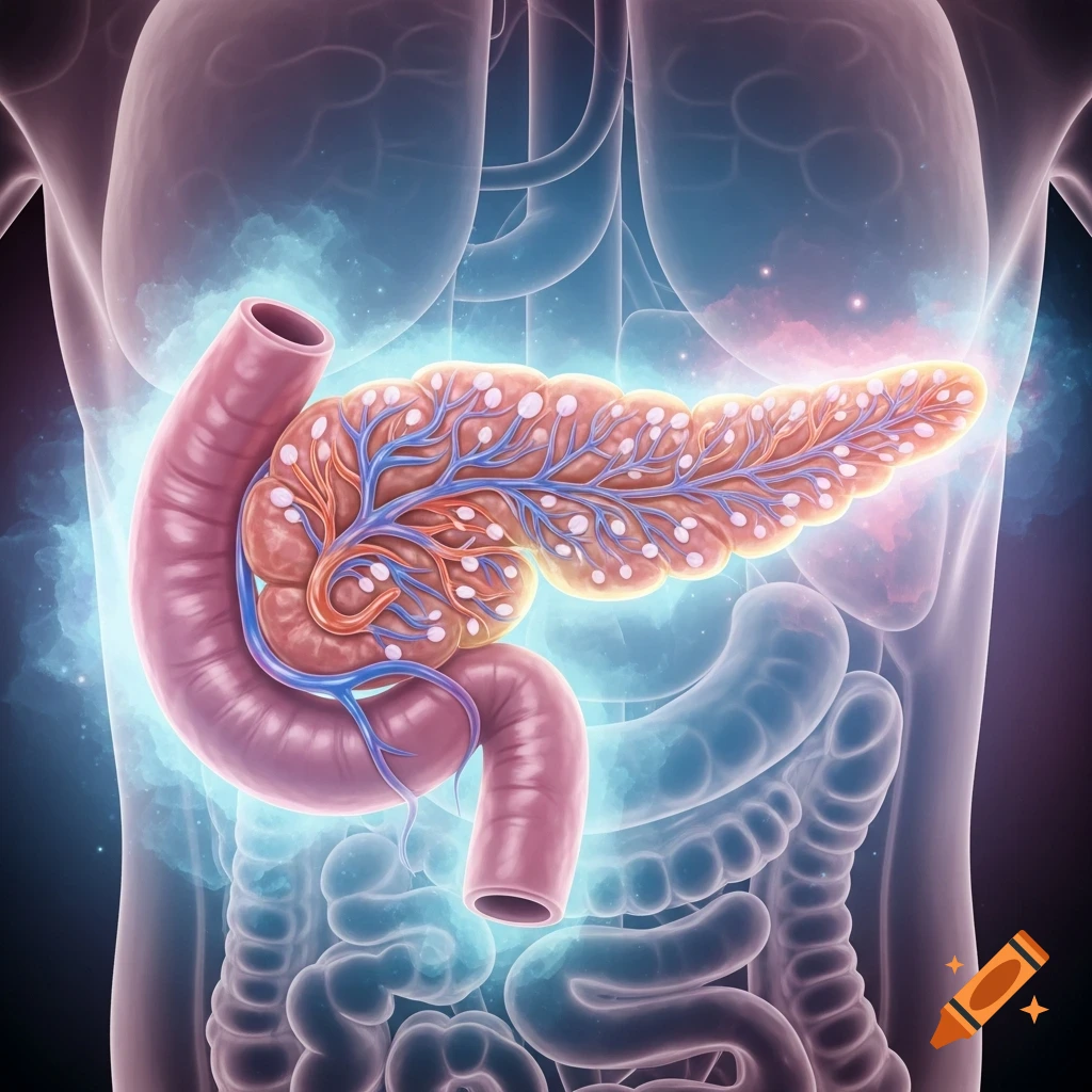 Detailed glowing illustration of a human pancreas and surrounding organs within a translucent torso.