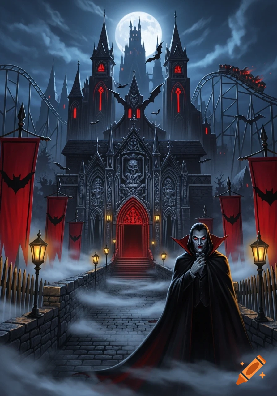 A vampire stands before a gothic castle with a roller coaster under a full moon, fog on the ground.