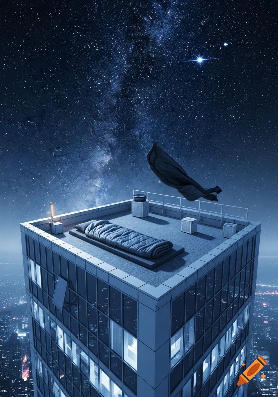 A sleeping bag on a skyscraper rooftop under a starry night sky, overlooking a city.