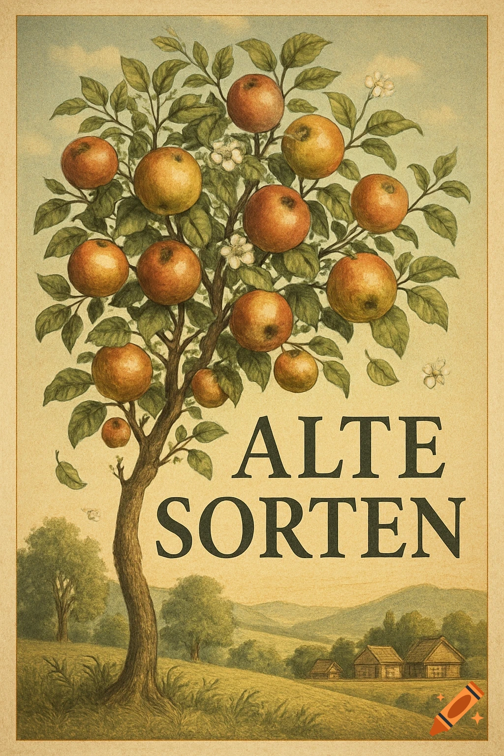 Vintage botanical illustration of an apple tree laden with fruit and text 'ALTE SORTEN' in a rural landscape.