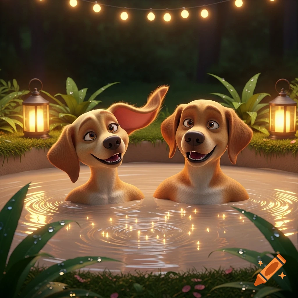 Two happy cartoon Labrador dogs relaxing chest-deep in a muddy hot tub at night, with string lights and lanterns.