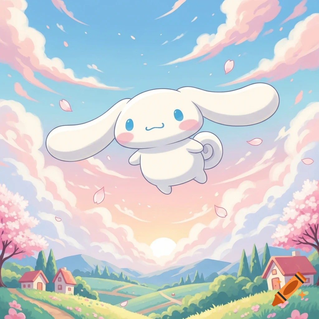 Cute cartoon Cinnamoroll flying in a pastel sky with pink clouds, cherry blossoms, and a sunlit landscape with houses below.