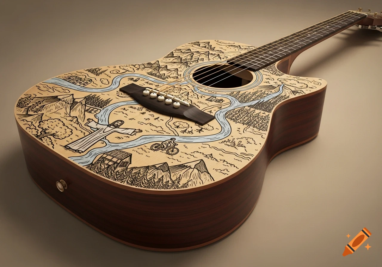 A spruce top acoustic guitar with a permanent marker doodle map featuring mountains, rivers, a house, a bicycle, and a Jesus figure.