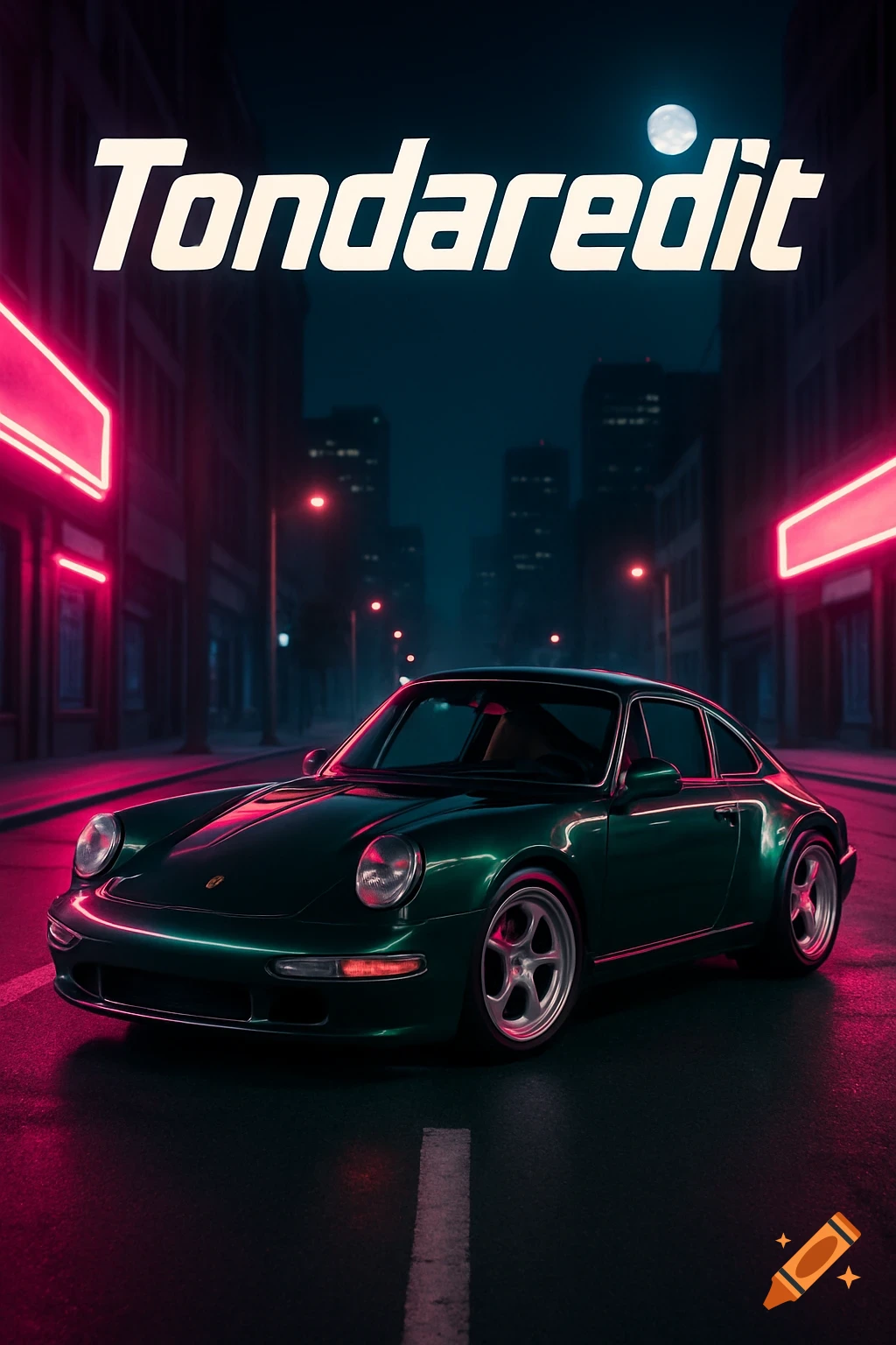 Dark green Porsche 911 on a neon-lit city street at night, with 'Tondaredit' text above.