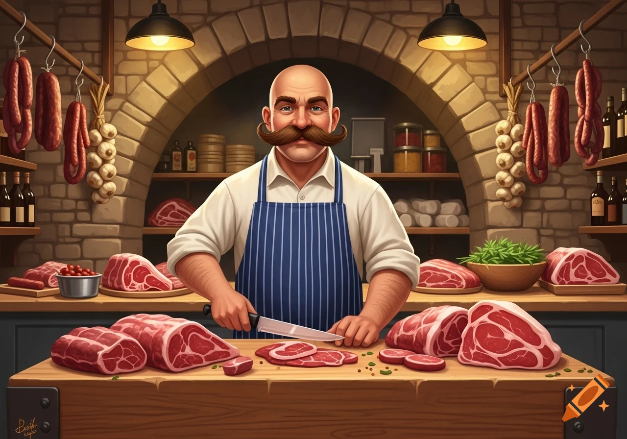 A bald butcher with a large brown mustache cuts raw meat on a wooden counter in a brick-walled shop with hanging sausages and garlic.