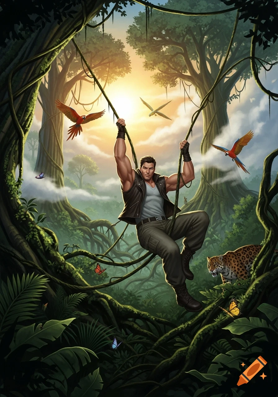 Muscular man swinging on vines in a lush jungle at sunrise, with parrots, butterflies, and a jaguar, in a vibrant comic book art style.