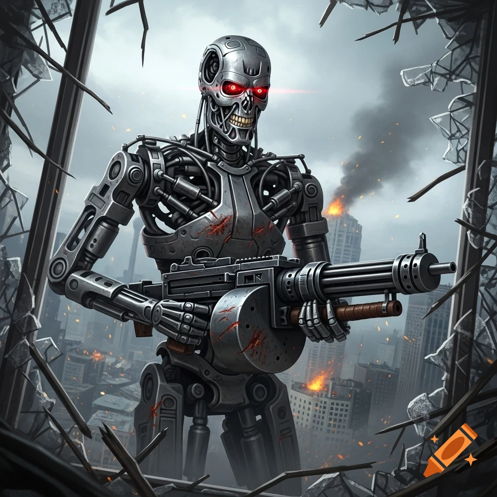 A robotic Terminator with glowing red eyes stands in a shattered window, holding a minigun amidst a smoking, destroyed city.