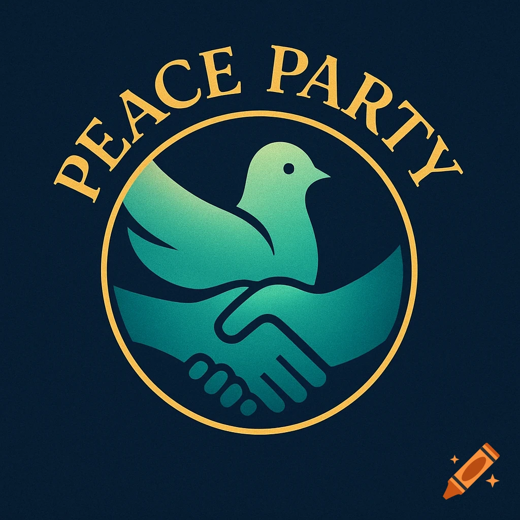 A stylized logo for a 'Peace Party' with a green dove, a handshake, and a yellow circle on a dark blue background.