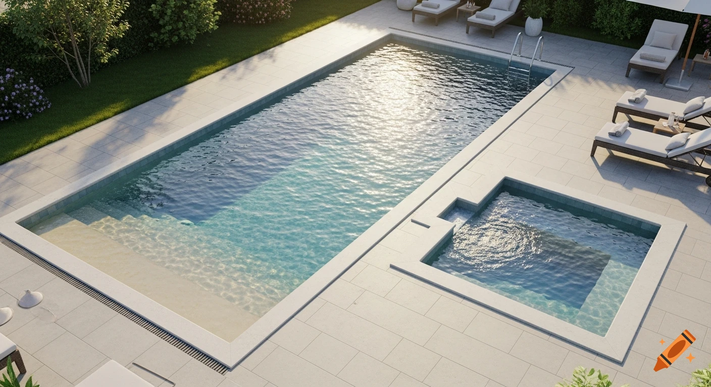 A photorealistic aerial view of a modern outdoor swimming pool area with a rectangular pool, a spa, light paving, and lounge chairs.
