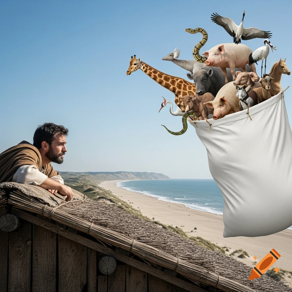 Peter the Apostle rests on a wooden roof overlooking a beach, gazing at a floating white sack overflowing with various animals.