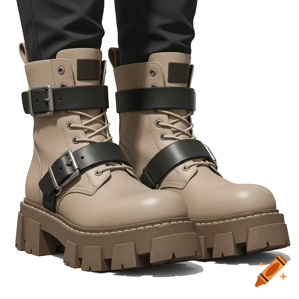 A pair of chunky beige boots with black straps and thick lug soles, worn with dark pants.