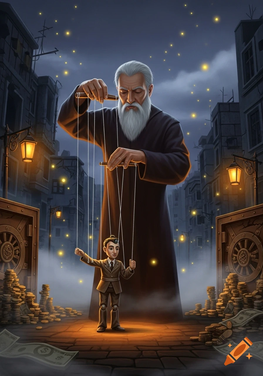 A giant old man puppeteer controls a small man in a suit, surrounded by piles of coins and dollar bills in a dark city street with bank vaults.