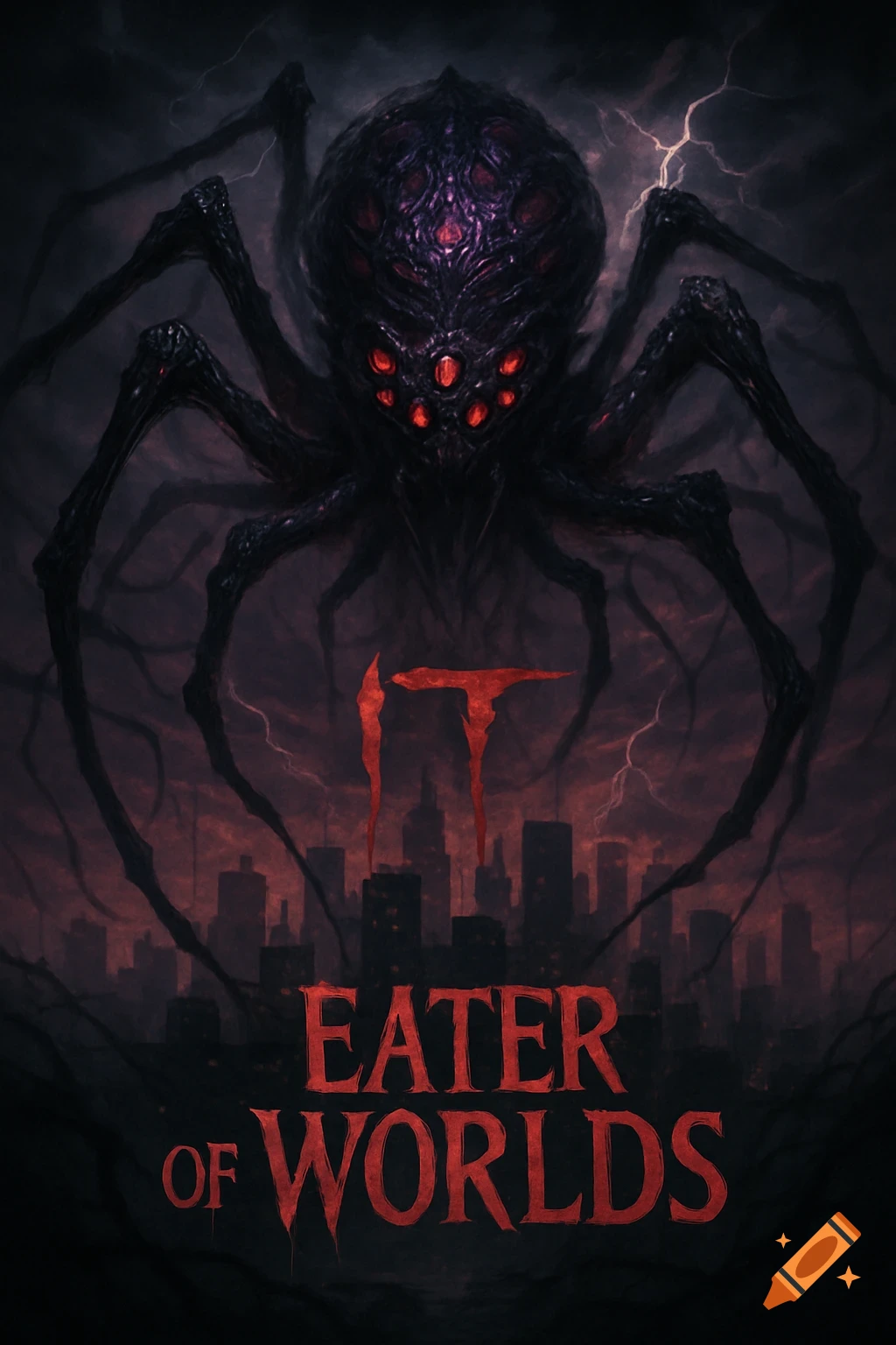 Dark horror poster of a giant multi-eyed spider monster over a city with lightning, featuring text 'IT Eater of Worlds'.
