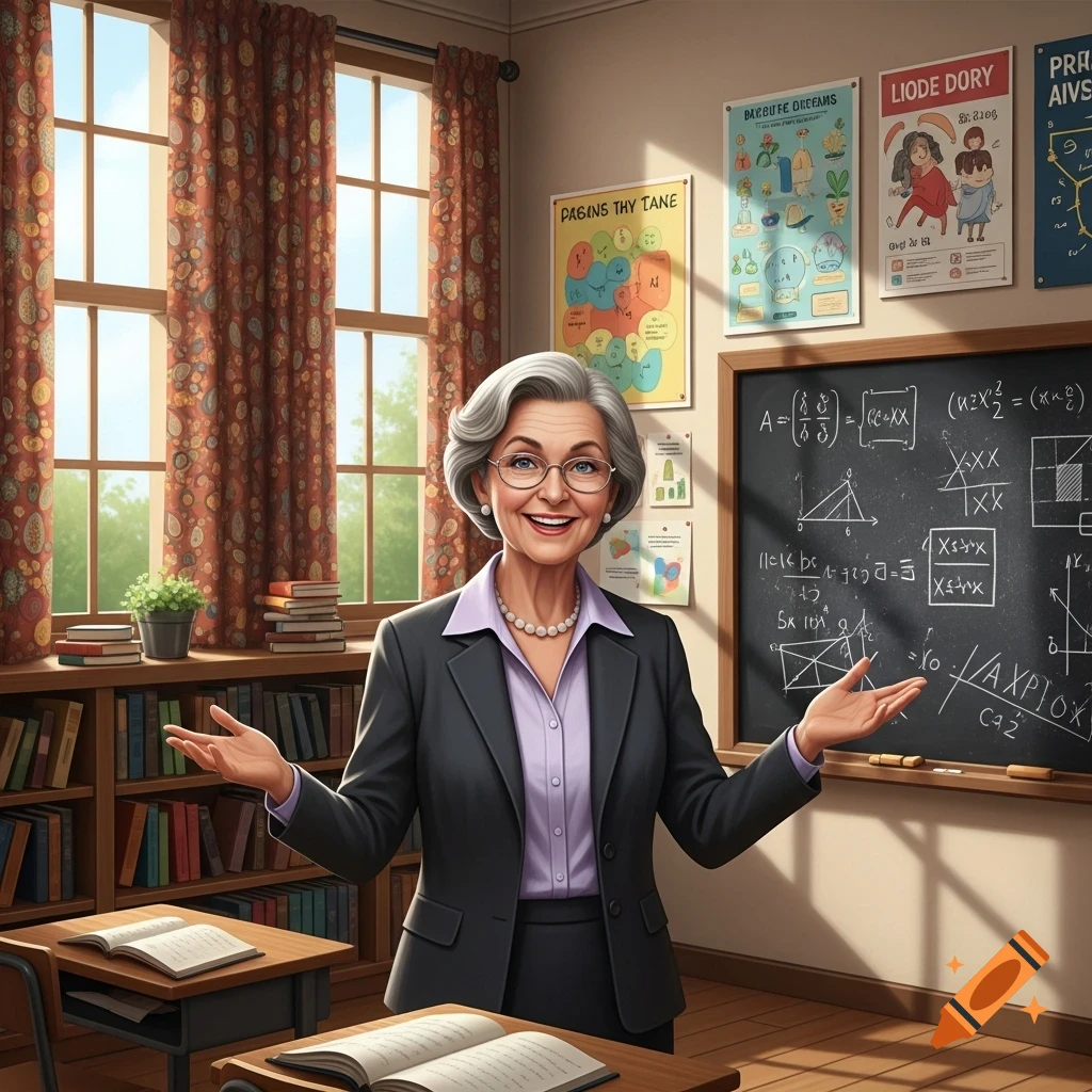 A smiling older female teacher with gray hair and glasses stands in a classroom with open arms.